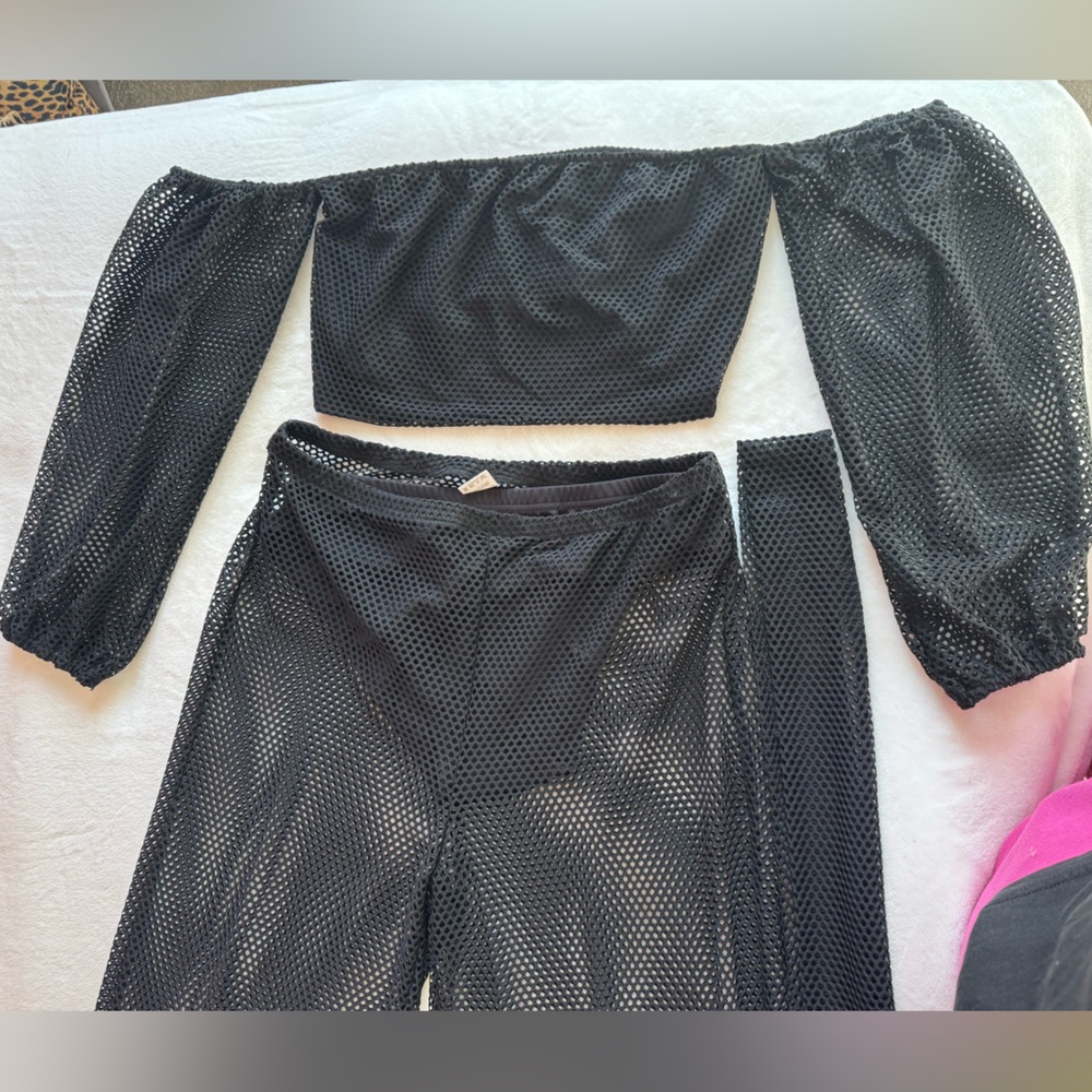 Black Mesh Off-Shoulder Swim Cover Set